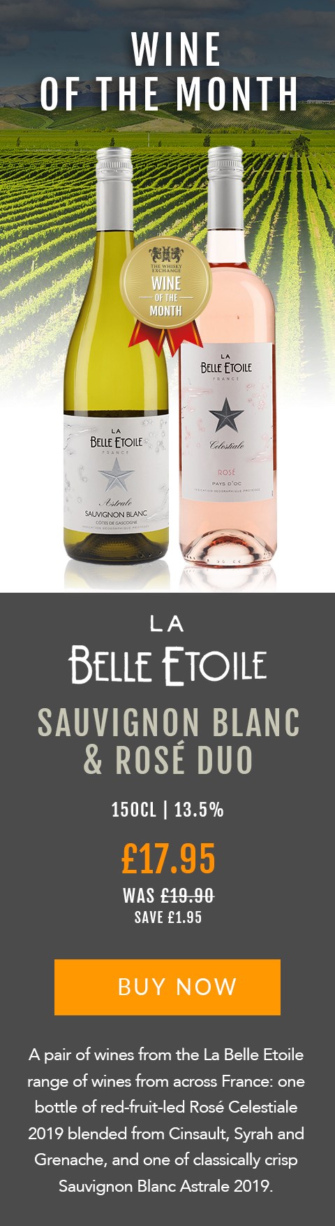 La Belle Etoile
Sauvignon Blanc & Rosé Duo
150cl | 13.5%

£17.95 (was £19.90) 
Save £1.95

BUY NOW> https://www.thewhiskyexchange.com/feature/wineofthemonth

A pair of wines from the La Belle Etoile range of wines from across France: one bottle of red-fruit-led Rosé Celestiale 2019 blended from Cinsault, Syrah and Grenache, and one of classically crisp Sauvignon Blanc Astrale 2019.