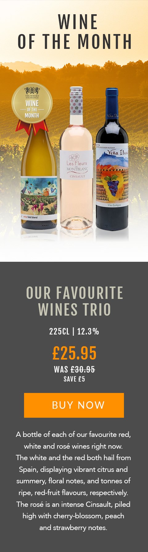 WINE OF THE MONTH

Our Favourite Wines Trio

225cl | 12.3%

£25.95 (was £30.95) 
Save £5

BUY NOW> https://www.thewhiskyexchange.com/feature/wineofthemonth

A bottle of each of our favourite red, white and rosé wines right now. The white and the red both hail from Spain, displaying vibrant citrus and summery, floral notes, and tonnes of ripe, red-fruit flavours, respectively. The rosé is an intense Cinsault, piled high with cherry-blossom, peach and strawberry notes.